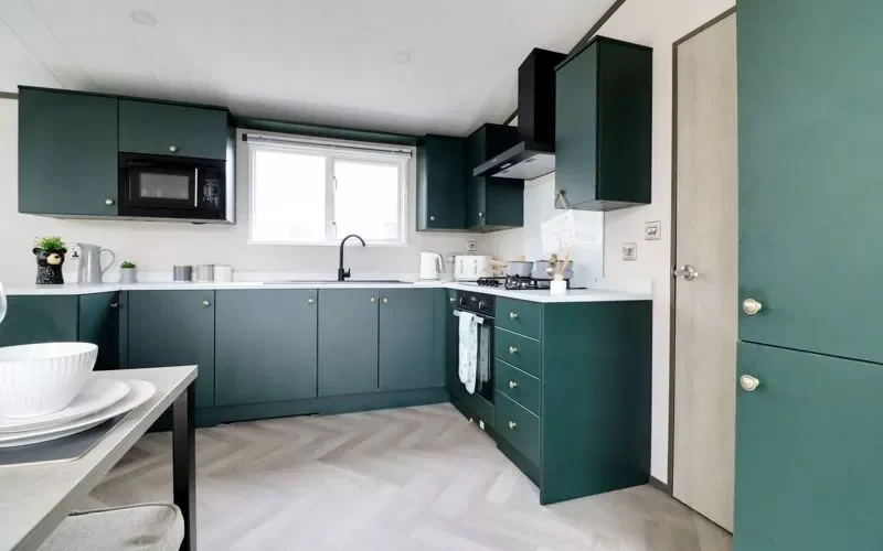 lodge kitchen black in a sunrise lodge at epworth fields holiday park in lincolnshire