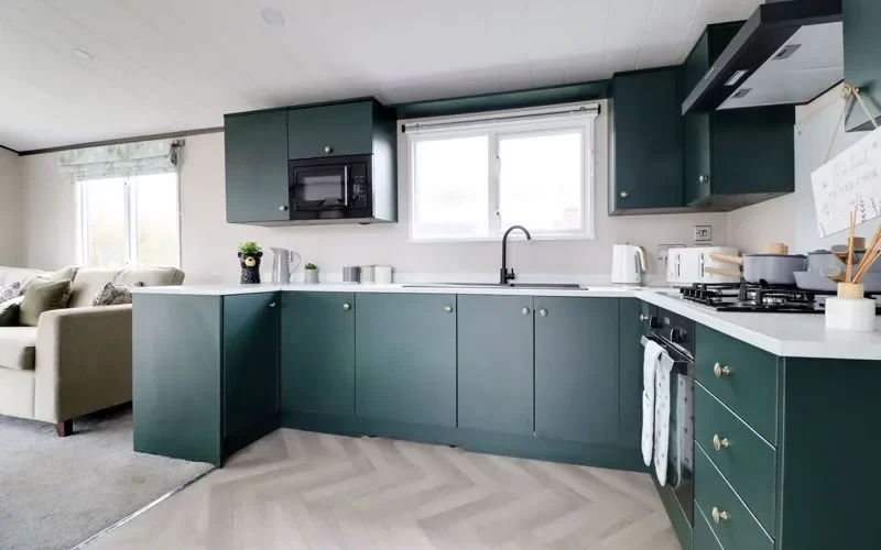 lodge kitchen black in a sunrise lodge at epworth fields holiday park in lincolnshire