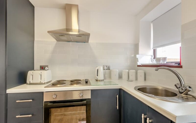 dark kitchen of holiday cottage 1 at epworth fields holiday park in lincolnshire
